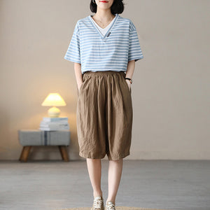 Quần baggy lửng linen lưng thun một màu hai túi chéo  - NU7076