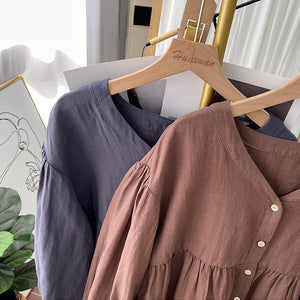 Áo sơ mi linen dài tay cổ V kiểu bo tay - NU8458