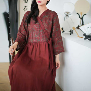 Đầm liền linen dài tay cổ V vạt chéo thắt dây - NU8403