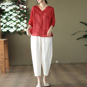 Áo sơ mi linen ngắn tay cổ V thêu ren và dây leo - NU7050