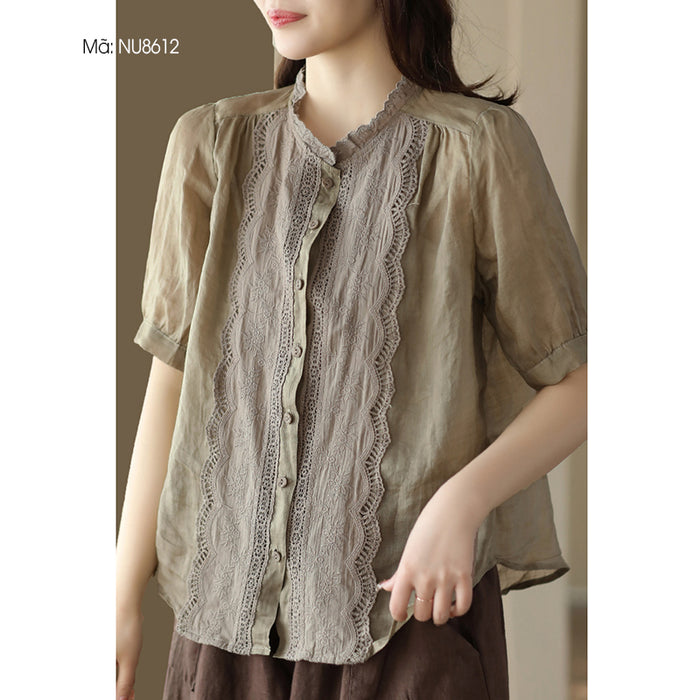 Áo sơ mi linen ngắn tay thêu ren bông tuyết - NU8610
