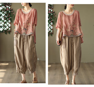 Quần baggy linen lưng thun dây rút thêu hoa hồng - NU7324