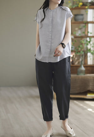 Quần baggy linen lưng thun ống đứng một khuy cài - NU7443