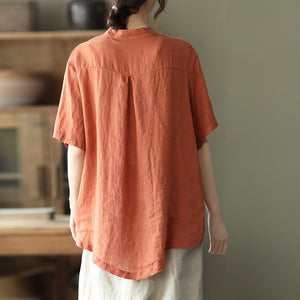 Áo sơ mi linen ngắn tay cổ đứng dây rút vạt áo - NU7016