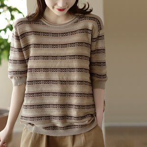 Áo T-shirt ngắn tay dệt kim kẻ sọc hoa văn retro - NU8490