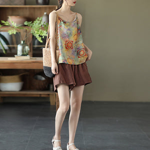 Quần sooc linen lưng thun thêu dây leo đính khuy - NU6959