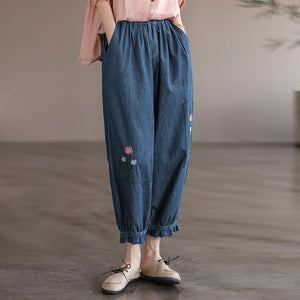 Quần baggy denim thêu hoa gấu thun đính ren - NU7626
