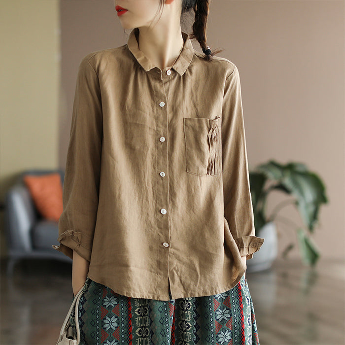 Áo sơ mi linen dài tay cổ pipi một túi xếp ly - NU6760