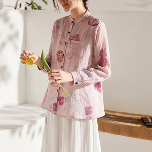 Áo sơ mi linen dài tay cổ đứng in màu nước - NU6735