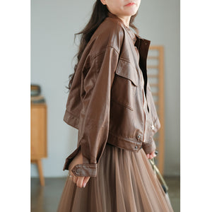 Áo khoác da croptop cổ đứng hai túi vuông - NU7752