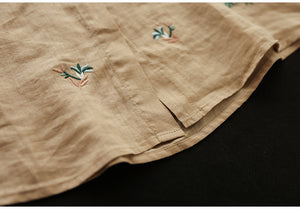 Áo sơ mi linen ngắn tay cổ đứng thêu hoa lá đối xứng hai bên - NU8531