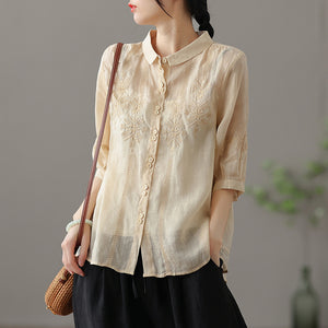 Áo sơ mi linen ngắn tay cổ pipi thêu những bông tuyết đối xứng - NU7182