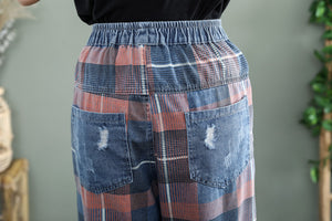 Quần baggy denim retro lưng thun kẻ sọc caro - NU8205