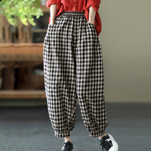 Quần baggy linen lưng thun kẻ sọc caro ống túm - NU7111