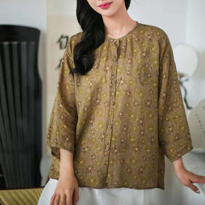Áo sơ mi linen tay lửng cổ tròn in hoa lá một túi nhỏ - NU8216