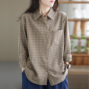 Áo sơ mi linen dài tay cổ đức kẻ sọc caro một túi vuông - NU7688