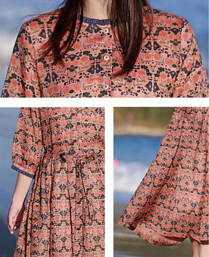 Đầm liền linen ngắn tay cổ tròn hoa văn đối xứng - NU8510