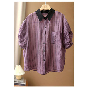 Áo sơ mi linen ngắn tay cổ pipi kẻ sọc bằng chữ - NU7391
