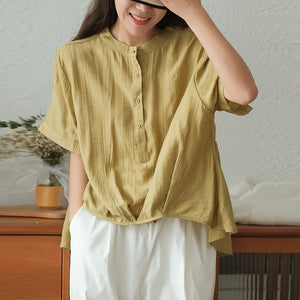 Áo sơ mi linen ngắn tay cổ tròn xếp ly tà lệch bo tròn - NU7388