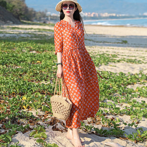Đầm liền linen tay lửng cổ V hoa văn những vòng tròn - NU8260