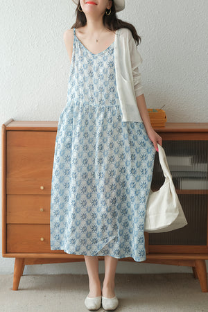 Đầm liền linen hai dây cổ V in hoa lá - NU7071