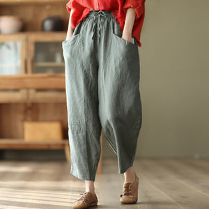 Quần baggy linen lưng thun dây rút ống rộng hai túi chéo - NU6865