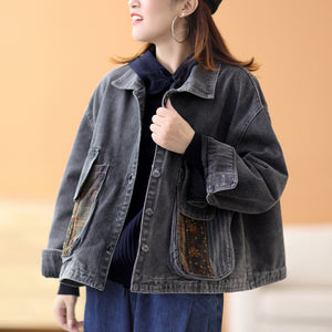 Áo khoác denim dài tay cổ đức hai túi tròn phối hoa lá - NU7893