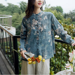 Áo sơ mi linen dài tay cổ đứng in màu nước một túi vuông - NU6740