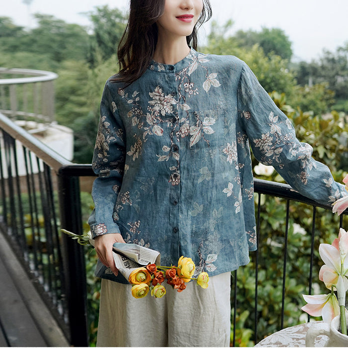 Áo sơ mi linen dài tay cổ đứng in màu nước một túi vuông - NU6740