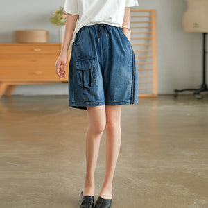 Quần sooc denim lưng thun dây rút hai sọc - NU7510