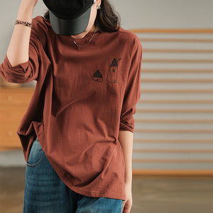 Áo T-shirt dài tay cổ tròn thêu ngôi nhà nhỏ - NU7961