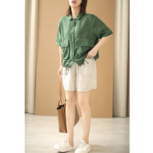 Áo sơ mi linen ngắn tay cổ đức hai túi vương có dây rút - NU7491
