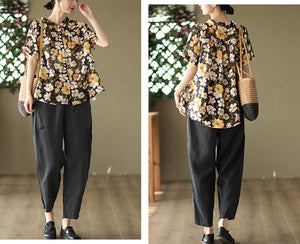 Quần baggy linen lưng thun ba túi thêu hoa lá - NU6815