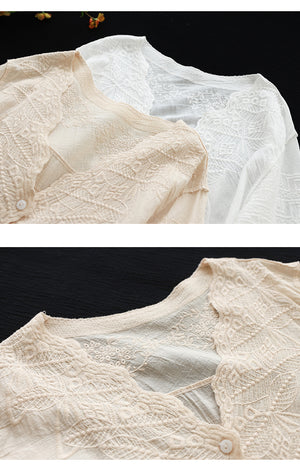 Áo khoác cardigan linen ngắn tay thêu hoa văn cổ V - NU8663