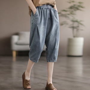 Quần sooc denim lưng thun xếp ly đối xứng - NU6914