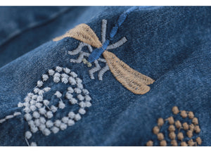 Quần baggy denim thêu chuồn chuồn và hoa bồ công anh - NU7602