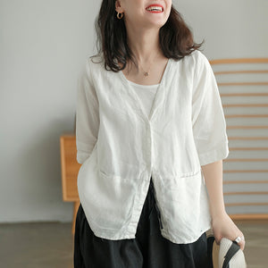 Áo sơ mi linen ngắn tay cổ V form rộng - NU5582
