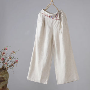 Quần baggy linen lưng cao thêu hoa văn ống rộng - NU8413