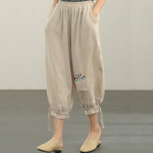 Quần baggy linen lưng thun thêu giỏ hoa ống túm dây rút - NU6631