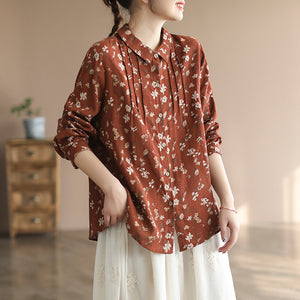 Áo sơ mi linen dài tay cổ đức xếp ly in hoa lá - NU8106