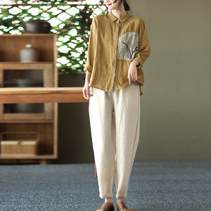 Áo sơ mi linen dài tay cổ đức thêu hoa lan  - NU6724