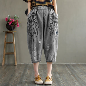 Quần baggy denim retro lưng thun sờn thêu hoa văn - NU6619