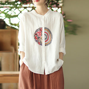 Áo sơ mi linen dài tay cổ tàu thêu hoa văn retro trước ngực - NU6708