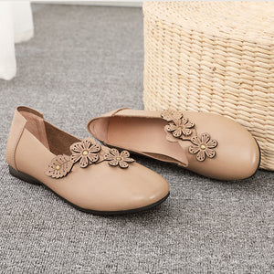 Giày da retro đính hoa thủ công đế bệt - OD0701