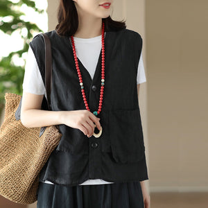 Áo sơ mi linen sát nách cổ V kiểu hai lớp túi vuông - NU8503