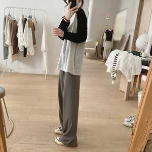 Áo T-shirt dệt kim dài tay phối lệch màu cổ tròn - NU8099