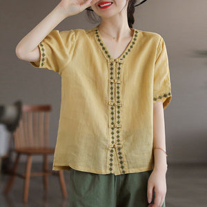 Áo sơ mi linen ngắn tay cổ V khuy tròn hoa văn thổ cẩm - NU6965