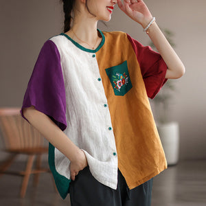 Áo sơ mi linen ngắn tay cổ tròn mảng màu thêu hoa trước túi - NU7053