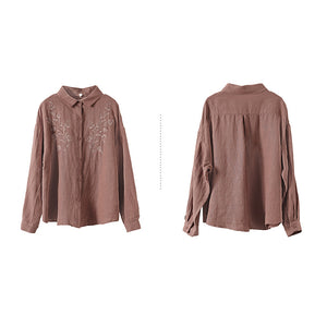Áo sơ mi linen dài tay cổ đức thêu hoa đối xứng - NU6676