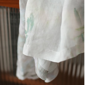 Đầm liền linen ngắn tay cổ V một khuy in hoa lá - NU7507